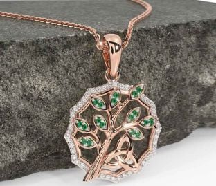 Diamond Emerald Rose Gold Celtic Trinity Knot Tree of Life Necklace