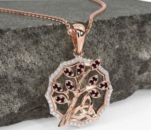 Diamond Garnet Rose Gold Celtic Trinity Knot Tree of Life Necklace