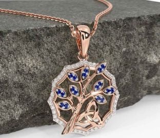 Diamond Sapphire Rose Gold Celtic Trinity Knot Tree of Life Necklace