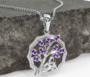 Diamond Amethyst Silver Celtic Trinity Knot Tree of Life Necklace