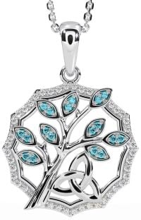 Diamond Aquamarine Silver Celtic Trinity Knot Tree of Life Necklace