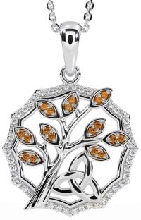 Diamond Citrine Silver Celtic Trinity Knot Tree of Life Necklace