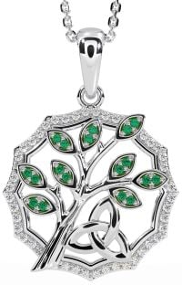 Diamond Emerald Silver Celtic Trinity Knot Tree of Life Necklace