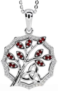 Diamond Garnet Silver Celtic Trinity Knot Tree of Life Necklace