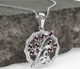 Diamond Garnet Silver Celtic Trinity Knot Tree of Life Necklace