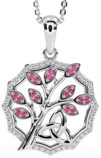 Diamond Pink Tourmaline Silver Celtic Trinity Knot Tree of Life Necklace