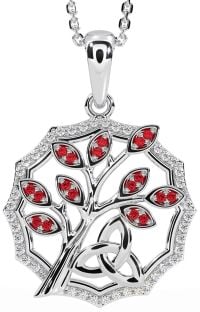 Diamond Ruby Silver Celtic Trinity Knot Tree of Life Necklace