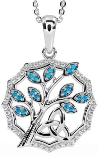 Diamond Topaz Silver Celtic Trinity Knot Tree of Life Necklace