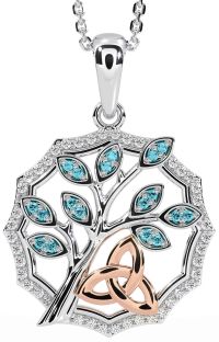 Diamond Aquamarine Rose Gold Silver Celtic Trinity Knot Tree of Life Necklace