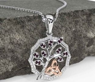 Diamond Alexandrite Rose Gold Silver Celtic Trinity Knot Tree of Life Necklace
