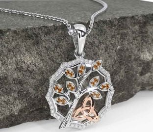 Diamond Citrine Rose Gold Silver Celtic Trinity Knot Tree of Life Necklace