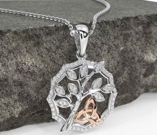 Diamond Rose Gold Silver Celtic Trinity Knot Tree of Life Necklace
