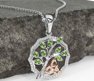 Diamant Peridot Rose Gull Sølv Celtic Treenighet Knute Tre av Liv Halskjede