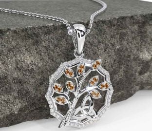 Diamond Citrine White Gold Celtic Trinity Knot Tree of Life Necklace