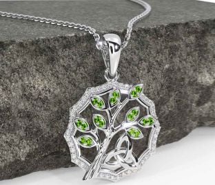 Diamond Peridot White Gold Celtic Trinity Knot Tree of Life Necklace