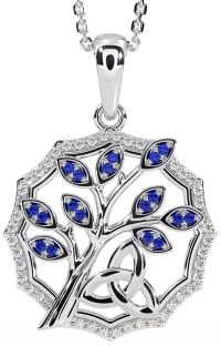 Diamond Sapphire White Gold Celtic Trinity Knot Tree of Life Necklace