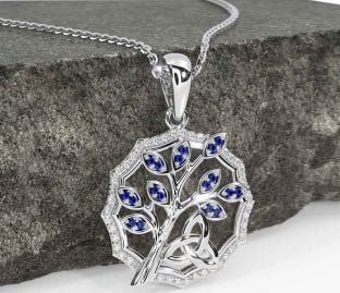 Diamond Sapphire White Gold Celtic Trinity Knot Tree of Life Necklace