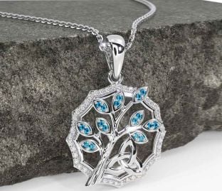 Diamond Topaz White Gold Celtic Trinity Knot Tree of Life Necklace