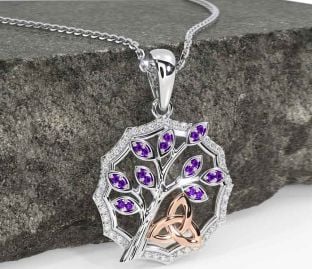 Diamond Amethyst White Rose Gold Celtic Trinity Knot Tree of Life Necklace