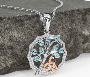 Diamond Aquamarine White Rose Gold Celtic Trinity Knot Tree of Life Necklace