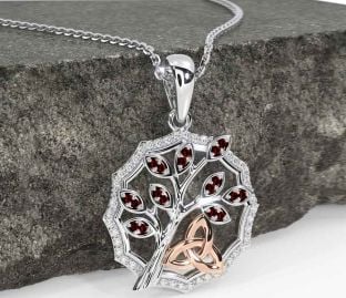 Diamond Garnet White Rose Gold Celtic Trinity Knot Tree of Life Necklace