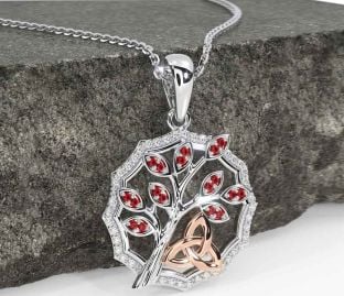 Diamond Ruby White Rose Gold Celtic Trinity Knot Tree of Life Necklace