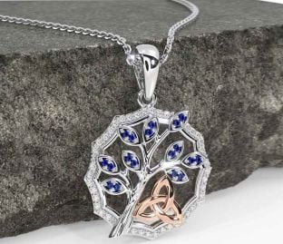 Diamond Sapphire White Rose Gold Celtic Trinity Knot Tree of Life Necklace