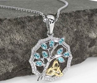 Diamond Aquamarine White Yellow Gold Celtic Trinity Knot Tree of Life Necklace