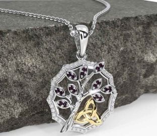 Diamond Alexandrite White Yellow Gold Celtic Trinity Knot Tree of Life Necklace