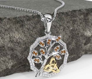 Diamond Citrine White Yellow Gold Celtic Trinity Knot Tree of Life Necklace