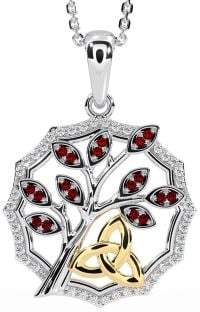 Diamond Garnet White Yellow Gold Celtic Trinity Knot Tree of Life Necklace