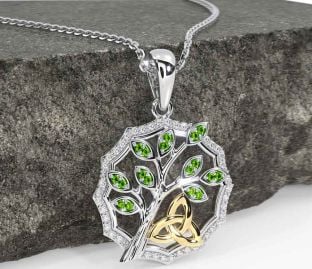 Diamond Peridot White Yellow Gold Celtic Trinity Knot Tree of Life Necklace