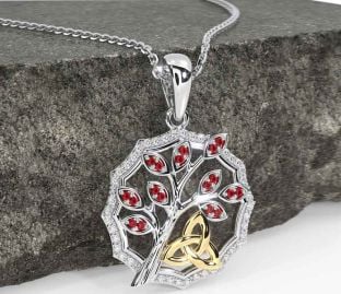Diamond Ruby White Yellow Gold Celtic Trinity Knot Tree of Life Necklace