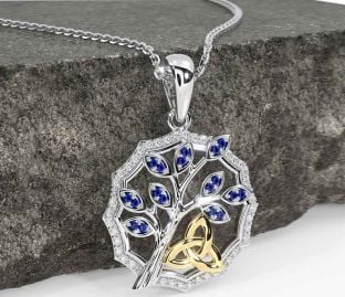 Diamond Sapphire White Yellow Gold Celtic Trinity Knot Tree of Life Necklace