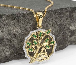 Diamond Emerald Gold Celtic Trinity Knot Tree of Life Necklace