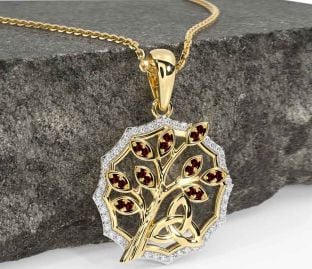 Diamond Garnet Gold Celtic Trinity Knot Tree of Life Necklace