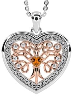 Diamond Citrine Rose Gold Silver Celtic Tree of Life Trinity Knot Heart Necklace