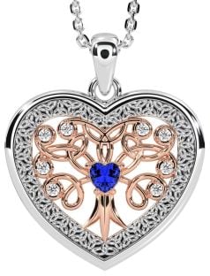 Diamond Sapphire Rose Gold Silver Celtic Tree of Life Trinity Knot Heart Necklace