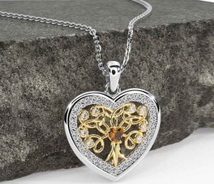 Diamond Citrine Gold Silver Celtic Tree of Life Trinity Knot Heart Necklace