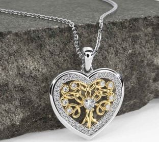 Diamond Gold Silver Celtic Tree of Life Trinity Knot Heart Necklace