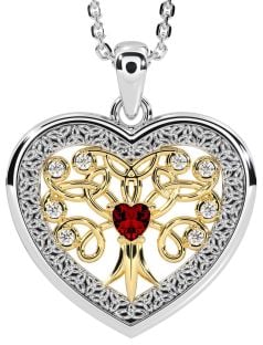 Diamond Garnet Gold Silver Celtic Tree of Life Trinity Knot Heart Necklace