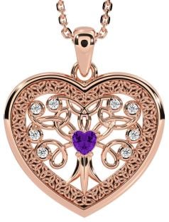 Diamond Amethyst Rose Gold Silver Celtic Tree of Life Trinity Knot Heart Necklace