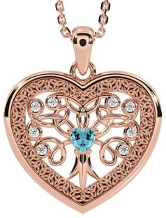 Diamond Aquamarine Rose Gold Silver Celtic Tree of Life Trinity Knot Heart Necklace