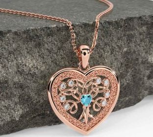 Diamond Aquamarine Rose Gold Silver Celtic Tree of Life Trinity Knot Heart Necklace