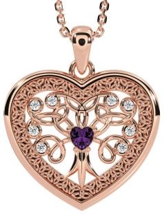 Diamond Alexandrite Rose Gold Silver Celtic Tree of Life Trinity Knot Heart Necklace