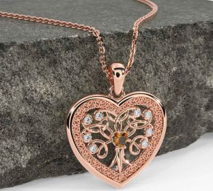 Diamond Citrine Rose Gold Silver Celtic Tree of Life Trinity Knot Heart Necklace