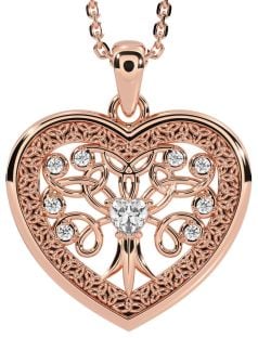 Diamond Rose Gold Silver Celtic Tree of Life Trinity Knot Heart Necklace