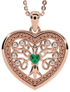 Diamond Emerald Rose Gold Silver Celtic Tree of Life Trinity Knot Heart Necklace