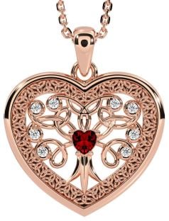 Diamond Garnet Rose Gold Silver Celtic Tree of Life Trinity Knot Heart Necklace