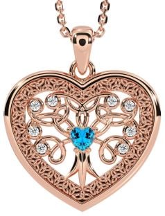 Diamond Topaz Rose Gold Silver Celtic Tree of Life Trinity Knot Heart Necklace